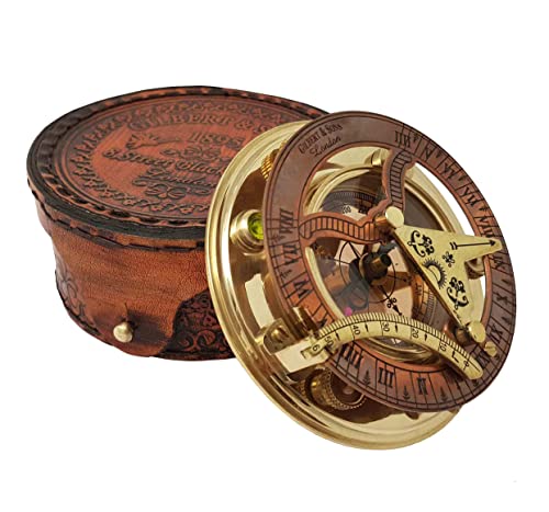 Brass Nautical - Antique Brass & Copper Sundial Compass, Sundial Clock in Box Gift Sun Clock Ship Replica Watch