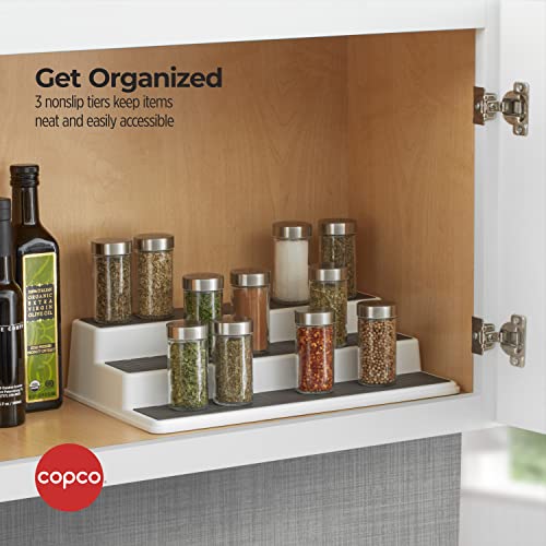 Copco 3-Tier Non-Skid Spice Rack Organizer for Kitchen Cabinet or Pantry, 15-Inch Tiered Shelf, White/Gray, Slip-Resistant Design for Jars and Bottles