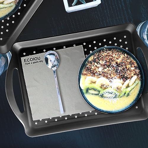ECOIOU Non Slip Food Serving Tray with Handles, 2-Pack Rectangle Anti-Slip Non-Toxic Dishwasher Safe Tray for Snack Fruit Dessert Breakfast Drink,Black