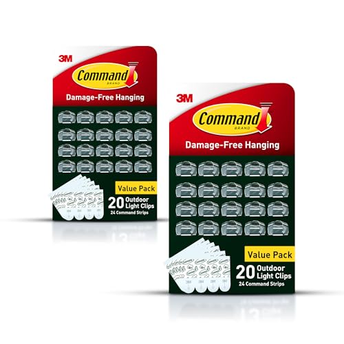 Command Outdoor Light Clips, 40 Clear and 48 Strips, Damage Free Hanging with Weather Resistant Strips, Wall Clips for Hanging Outdoor Lights and