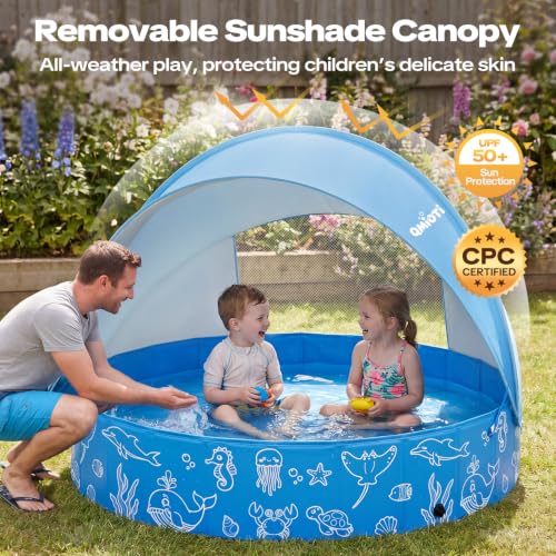 Foldable Kiddie Pool with Canopy, 47in Kids Pool with Detachable UPF 50+ Sunshade, Portable Non-Slip Swimming Pool Dog Pool for Backyard, Beach, Outdoor Summer Water Play