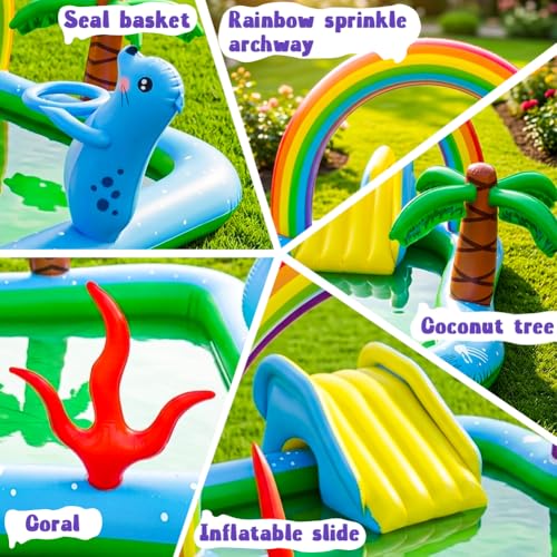 Inflatable Play Center Pool with Water Slide, 90.6 X 77.6in Rainbow Sprinkler Arch & Seal Design Kiddie Pool for Kid's Summer Backyard Splash Toy with Slide, Sprinkler & Play Area