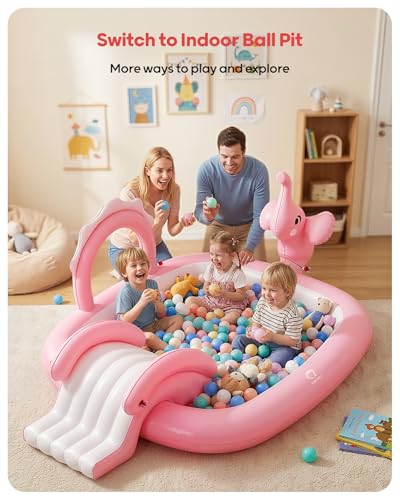 QPAU Elephant Kids Pool with Slide and Sprinkler, Inflatable Play Center with 4 Rings, 72 × 64 × 37 in, Fast Inflation Kiddie Pool for Garden & Backyard, Birthday Gift for Ages 1+ (Pink)
