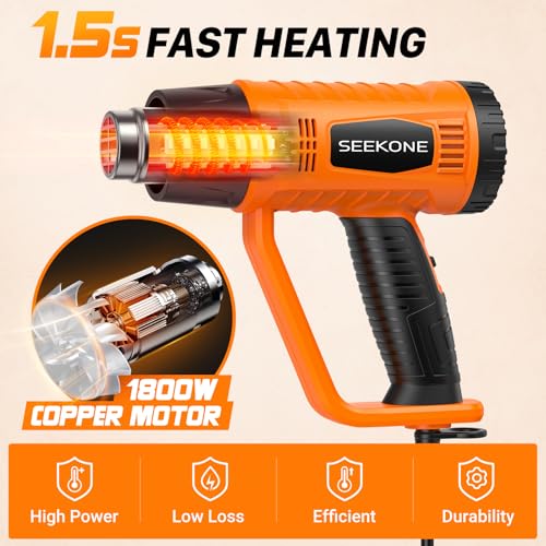 SEEKONE Heat Gun 1800W Heavy Duty Fast Heat Hot Air Gun Kit with 752℉&1112℉(400℃-600℃) Dual-Temperature Settings and 4 Nozzles with Overheat Protection for Crafts, Shrinking PVC, Stripping Paint