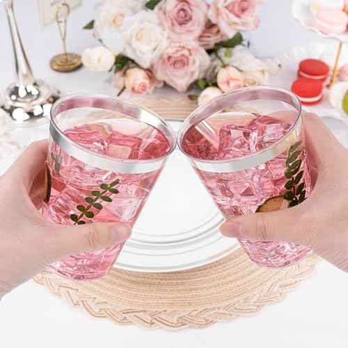 BESTVIP 12oz Silver Plastic Cups, 100 Pack Silver Rimmed Disposable Cups, Heavy-duty Party Cocktail Glasses for Christmas, Plastic Cups for Party, Holiday, Wedding and Birthday