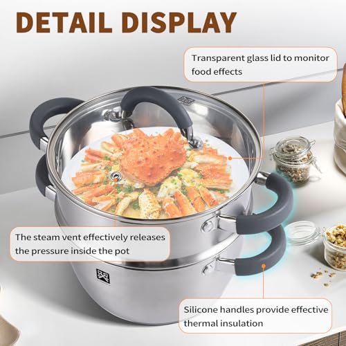 GOLDEN KEY 3.2 QT Steamer Pot With Lid - 2-Tier 18/8 Stainless Steel,Multipurpose Steaming Cookware with Vegetable Steam Basket, Oven & Dishwasher Safe, Triple Bottom for Even Heating, Perfect for Dumplings, Seafood and Vegetables
