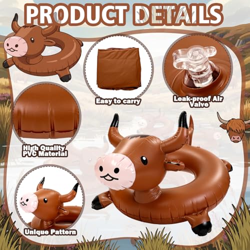 Jenaai Inflatable Highland Cow Pool Float for Adults 36" Funny Brown Cattle Blow up Swim Tube Ring Durable Water Accessory for Farm Theme Party Pool Beach Lake Summer Animal Shaped Floating Lounger