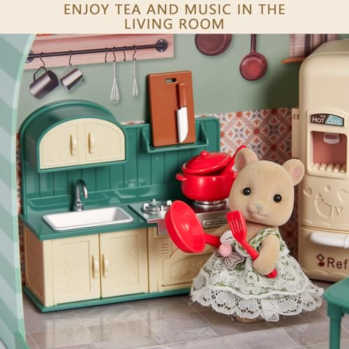 Dollhouse Kitchen Furniture Suitcase Set for Kids, 2 Flexible Dolls/Dining Tble/Kitchenware/Tableware/Refrigerator/Bread, Pretend Play Dollhouse