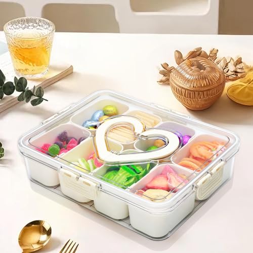 XING-RUIYANG Divided Serving Tray with Lid and Handle,Snackle Box Containers with 8 Compartment,Portable Snack Serving Platters Reusable Storae Organizer for Fruits,Nuts,Candy,Party,Picnic,Veggies