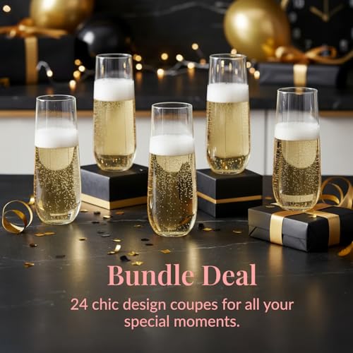 Prestee 24 Plastic Champagne Flutes - 9oz Heavy Duty Stemless Champagne Glasses for Parties - Disposable Clear Plastic Toasting Glasses, Mimosa Glass for New Year’s Eve Party Supplies