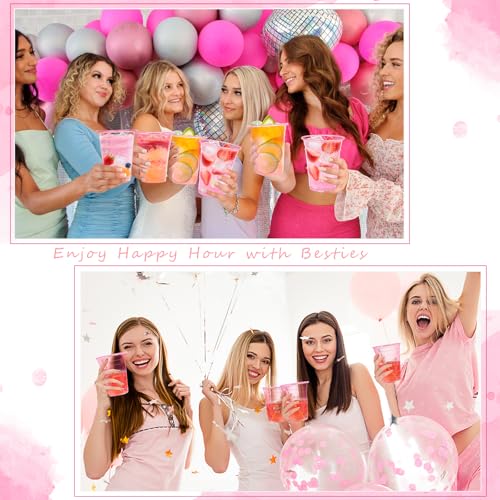 KesaPlan 100 Pack Pink Plastic Party Cups, 16 oz Disposable Wine Glasses, Pink Clear Drinking Cup for Cocktail, Disposable Cups for Birthday Wedding Valentine's Galentine's Day Bachelorette Party