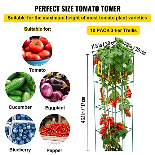 VEVOR Tomato Cages, 11.8" x 11.8" x 46.1", 10 Packs Square Plant Support Cages, Green PVC-Coated Steel Tomato Towers for Climbing Vegetables, Plants, Flowers, Fruits