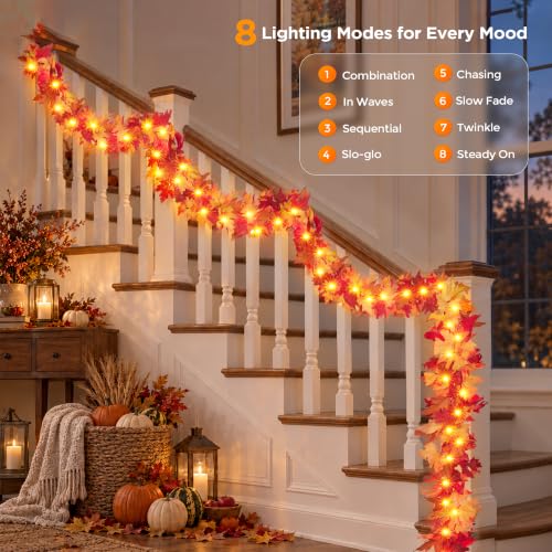 Fall Decorations for Home 9 FT Pre-lit Fall Garland with 50 LED Orange Lights, Auto Timer, 8 Lighting Modes, Waterproof Battery Operated Maple Leaf