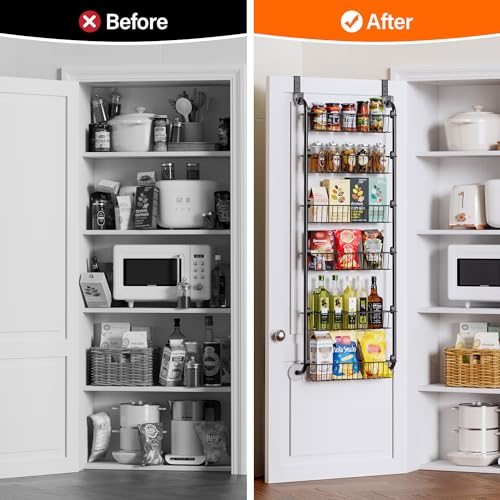 Delamu Over the Door Pantry Organizer, 6-Tier Metal Pantry Door Organization and Storage, Hanging Kitchen Basket Spice Rack Seasoning Shelves