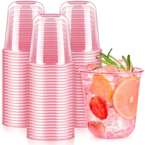 50 Pcs Pink Plastic Cups, 12oz Disposable Stemless Wine Glasses Pink Cocktail Party Cups for Graduation, Meeting, Wedding, Birthday Party