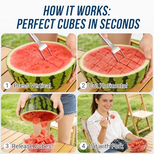 Watermelon Fork Slicer Cutter, 2-in-1 Stainless Steel Watermelon Slicer & Fruit Fork, Summer Kitchen Gadget for BBQ Parties, Camping & RV Adventures