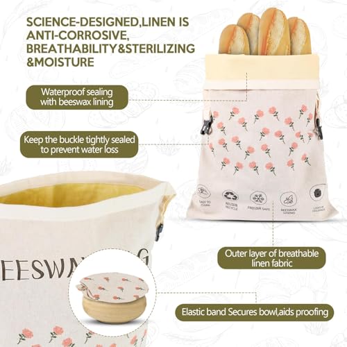 2 Pack Beeswax Bread Bag,17"×13"Reusable Organic Bread Bags for Homemade Bread Sourdough,Linen Outer Lining and Pure Cotton Beewax Inner Lining Moisture-proof &Fresh-Preserving With Buckle&Bowl Covers