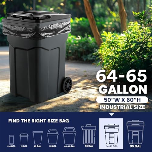 Plasticplace 64-65 Gallon Black Trash Bags, Heavy Duty Toter Can Liners, Tear & Leak-Proof, Industrial Strength, 25 Count, Large Garbage Bags for Kitchen & Commercial Use 1.2 Mil, 50" x 60"
