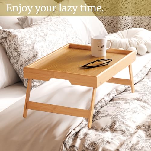 VERTORGAN 3 Pack Bamboo Bed Tray Table with Folding Legs,Breakfast Trays,Serving Tray,Laptop Tray for Working,Food Snack Tray for Bed and Sofa(Natural)