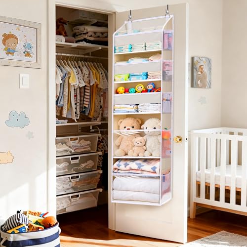 5 Tiers Over the Door Organizer with 10 Mesh Side Pockets, 44 lbs Weight Capacity Closet Hanging Storage Organizer with Large Clear Window Kids Toys