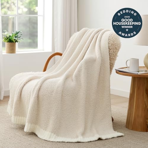 Snuggle Sac Buttery Ivory Throw Blanket for Couch, Reversible Super Soft Knitted Blankets, Warm Cozy Knit Fuzzy Plush Lightweight Throws Dupes for Sofa, Bed, Picnic, Ivory, 50 x 60 inches
