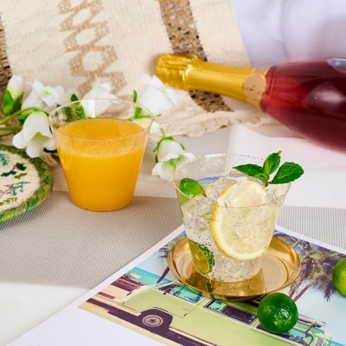 JOLLY CHEF 50 Pack 9 oz Glitter Plastic Cups, Disposable Gold Cups, Clear Plastic Tumblers for Weddings Thanksgiving, Christmas Parties