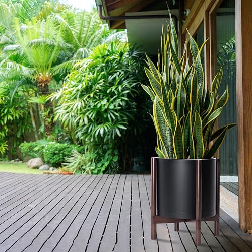 D'vine Dev Planter Pot with Stand - 14 Inch Plastic Cylinder Flower Pot with Wood Planter Holder for Indoor, Matte Black Pot + Walnut Color Stand