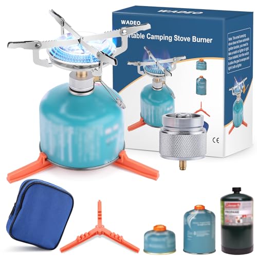 WADEO Portable Camping Stove Burner, Backpacking Stove with 1LB Propane Tank Adapter, Fuel Can Canister Stand and Carry Case, Portable Collapsible Propane Camping Burner for Outdoor Cooking