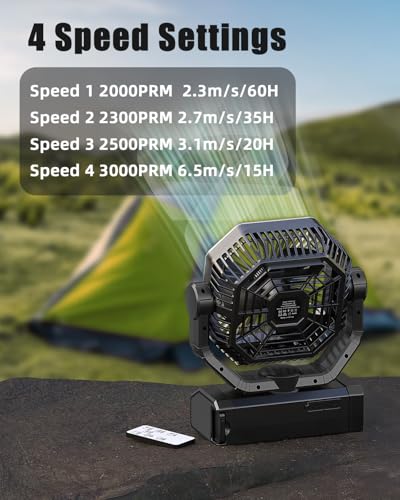 Portable Rechargeable Fan - 9-Inch Camping Fan for Tent, 24000mAh(60Hrs) Battery Operated Fan for Camping, Auto Oscillation Cordless Fans, Tent Fans with Remote/Light, 4 Speeds, 4 Timing, Outdoor