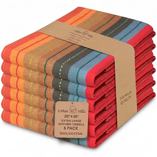 Urban Villa Kitchen Towels 100% Cotton Dish Towels for Kitchen (Set of 6) 20"x30" Highly Absorbent Kitchen Linen Set with Hanging Loop Dish Cloths
