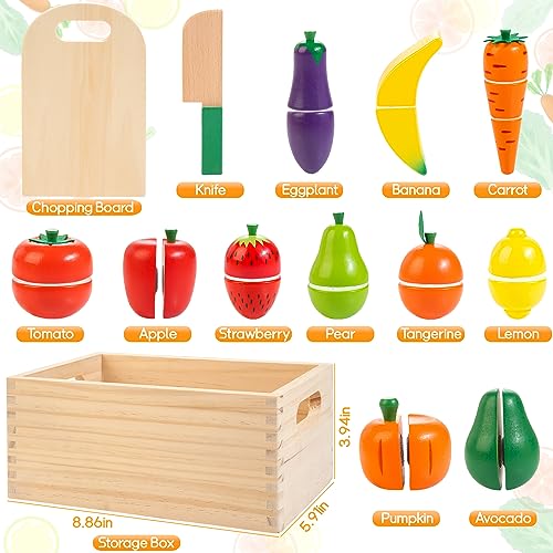 Wooden Play Food for Toddlers, Fruit & Veggies Cutting Set for Play Kitchen