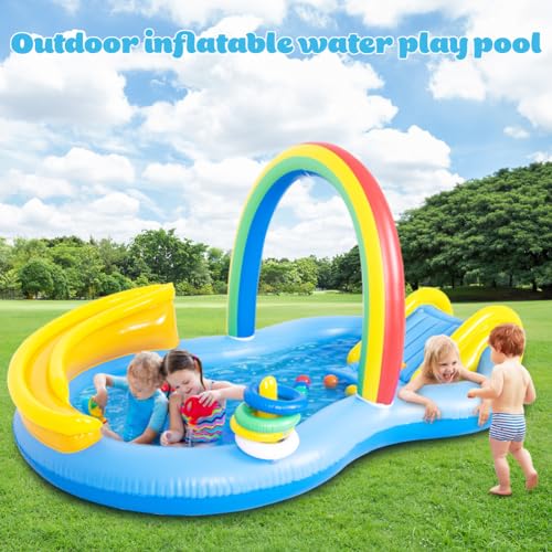 Inflatable Swimming Pool with Water Slide, Inflatable Play Center with Spray Water, Toss Ring, Ball for Outdoor Backyard Garden Water Park