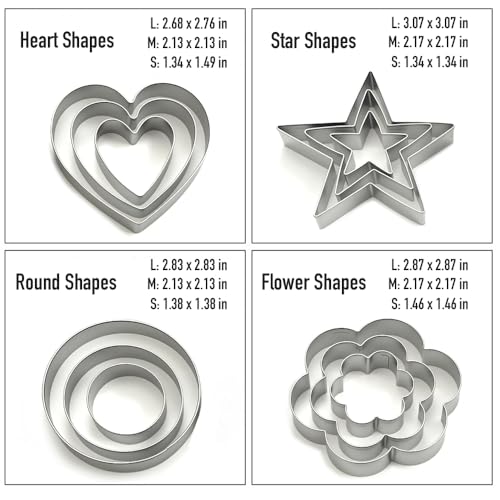 Stainless Steel Cookie Cutters Set 12Pcs - Heart, Flower, Round, Five Star Shapes - Small to Mini Size, Metal Biscuit Cutter Molds for Baking or Holiday Party Decorations
