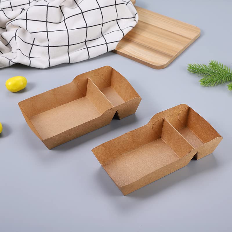 SOUJOY 100 Pack Food Serving Tray, 2 Compartment Disposable Kraft Nacho Boat Tray, Grease Resistant Heavy Duty Paperboard, Take Out Fast Food Snack Holder Container for Party