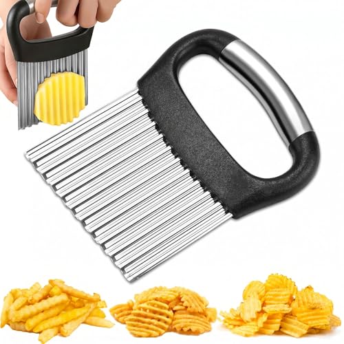 FANTEXY Crinkle Cutter for Veggies, Stainless Steel French Fry Cutter for Potatoes Cucumbers Carrot, Crinkle Cut Knife Wavy Chopper Waffle Fry Cutter, Black