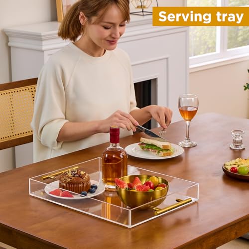 12"x16" Clear Acrylic Serving Tray with Golden Handles, Sturdy Huge Capacity Acrylic Tray for Coffee, Juice, Kitchen and Desk Organizer, Storage Tray (12"x16")
