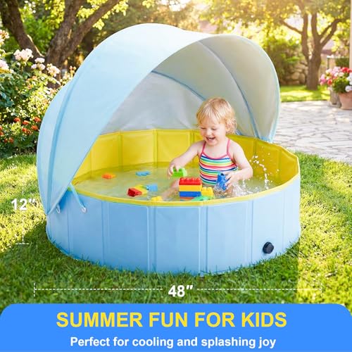Kiddie Pool with Canopy, Large Foldable Pool with Detachable UPF 50+ Sunshade, 48in Pool Beach Essentials Tent Swimming Pool Dog Pool with Shade, Portable for Outdoor Backyard Beach