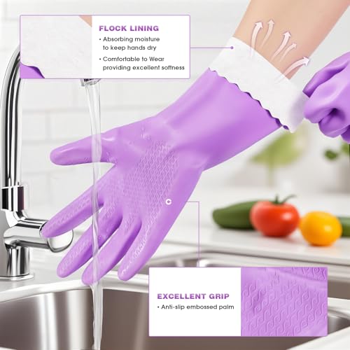 Elgood Reusable Dishwashing Cleaning Gloves with Latex free, Cotton lining,Kitchen Gloves 2 Pairs,Purple+blue Medium