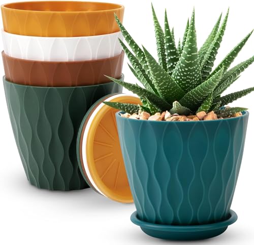 6 inch Plant Pots, 5 Pack Flower Pots Outdoor Indoor, Planters with Drainage Holes and Tray Saucers(Multicolor)