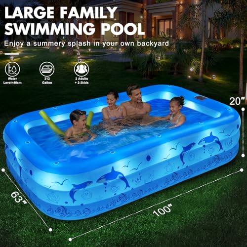 StarOcean 2026 Upgrade Inflatable Pool with Lights, Family Inflatable Swimming Pool for Kids,Adults,Blow Up Pool Solar Powered,Large Kiddie Pool,100"x63"x20"Oversized Thickened Pool for Backyard-Blue