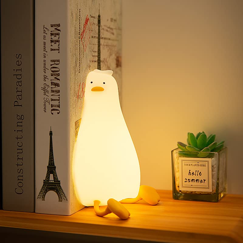 HAPPYBAG LED Lying Flat Duck Night Light, 3 Level Dimmable Nursery Nightlight,Cute Lamps Silicone Squishy Light Up Duck,Rechargeable Bedside Touch