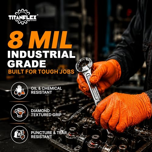 TitanFlex Heavy Duty Orange Industrial Nitrile Gloves with Raised Diamond Texture, Latex Free (6mil/8mil)