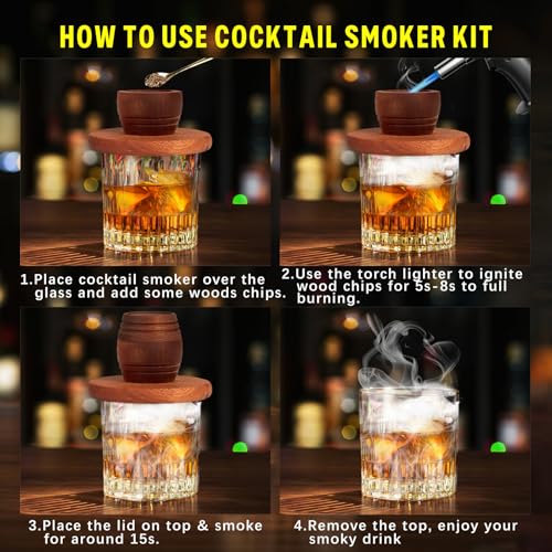 Whiskey Smoker Kit with Torch, Birthday Gifts for Him, Men, Dad, Husband, Cocktail Smoker Infuser Kit Old Fashioned Drink Smoker Kit Fathers Day Bourbon Whiskey Gifts