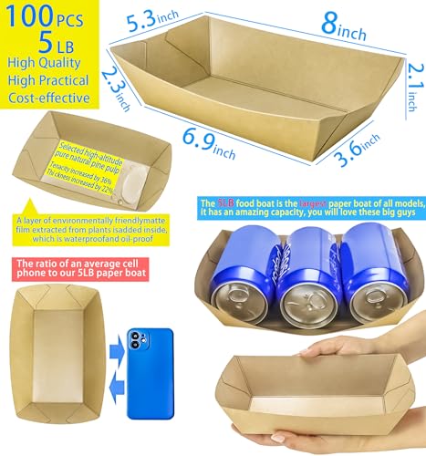 100 Pack 5LB Extra Large Paper Food Boats Trays Disposable Paper Boat, Heavy Duty Kraft Food Serving Tray Boat Basket for Snack Popcorn Sandwich Burger Taco BBQ Dessert Fries Nacho