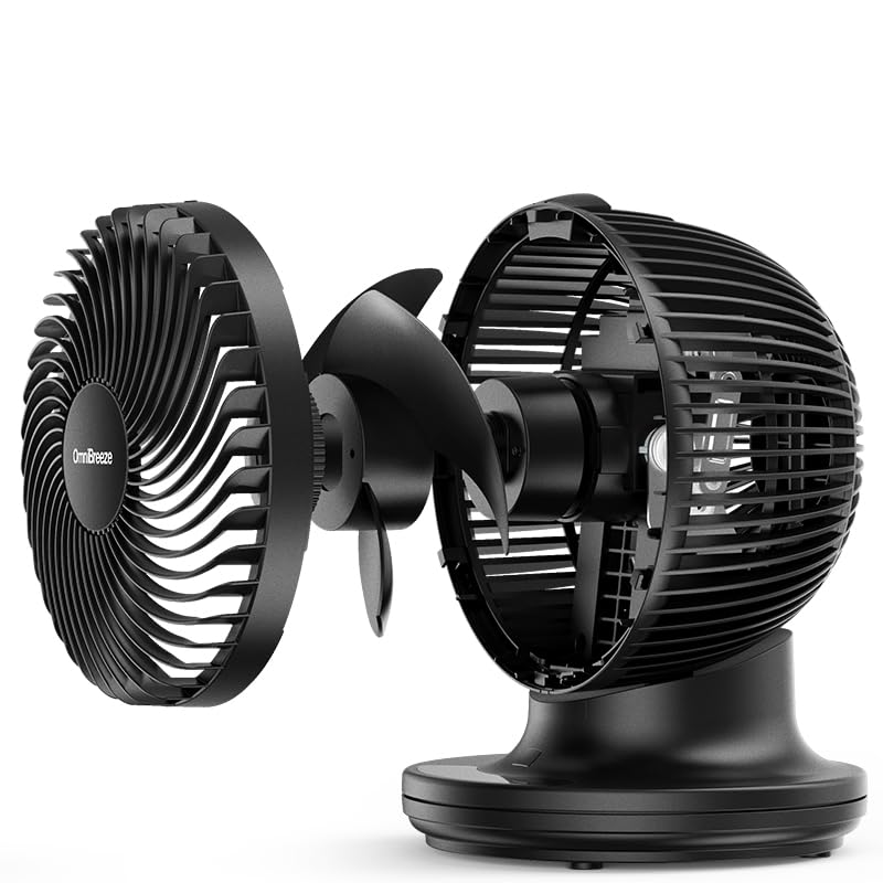 OmniBreeze 6 Inch Black Table Fan for Bedroom, Desk Air Circulator Fan with Remote, 85° Vertical+60° Automatic Oscillating Fan, 5 Speeds, 7H Timer, LED Display