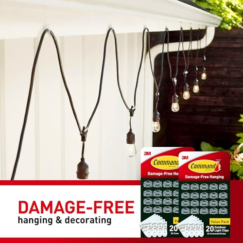 Command Outdoor Light Clips, 40 Clear and 48 Strips, Damage Free Hanging with Weather Resistant Strips, Wall Clips for Hanging Outdoor Lights and