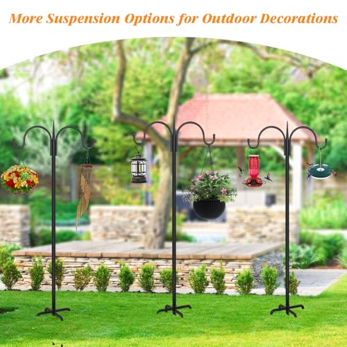 FEED GARDEN Heavy Duty Shepherds Hook 76" Double Hooks Adjustable (44/60/76") - Alloy Steel 5-Prong Base, 17lb Capacity - Easy Assembly Bird Feeder Pole for Hanging Planters, Lanterns, Wind Chimes