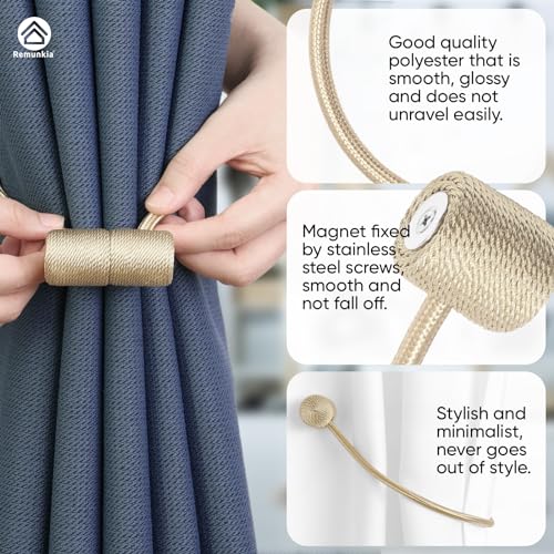 Remunkia Magnetic Curtain Tiebacks 4 Pack, Curtain Tie Backs Holder, Outdoor Curtains Tiebacks Window Treatment Holdbacks with Strong Magnet Modern Rope Tiebacks Decorative All Drape Curtains - Beige