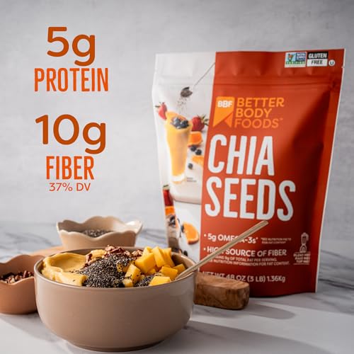 BetterBody Foods Chia Seeds 3 lbs, 48 Oz, with Omega-3, Non-GMO, Gluten Free, Keto Diet Friendly, Vegan, Good Source of Fiber, Add to Smoothies