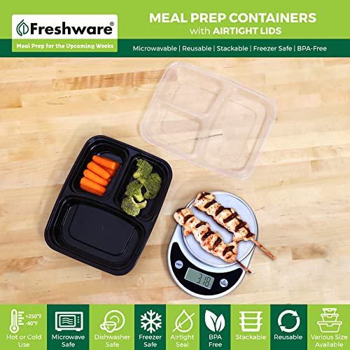 Freshware Meal Prep Containers 50 Pack 3 Compartment Food Storage Containers with Lids, Bento Box, BPA Free, Stackable